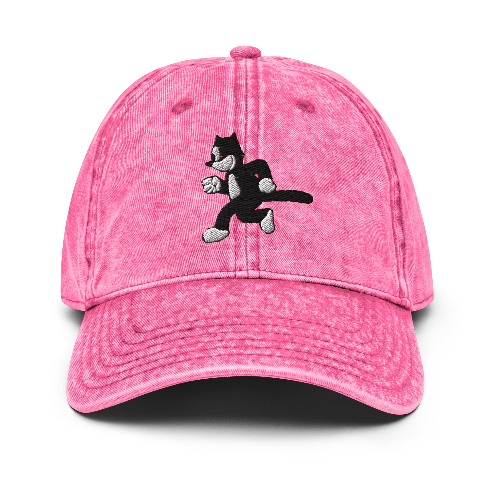 Pink vintage baseball cap featuring a 1925 Julius the Cat design from Disney’s early animation era