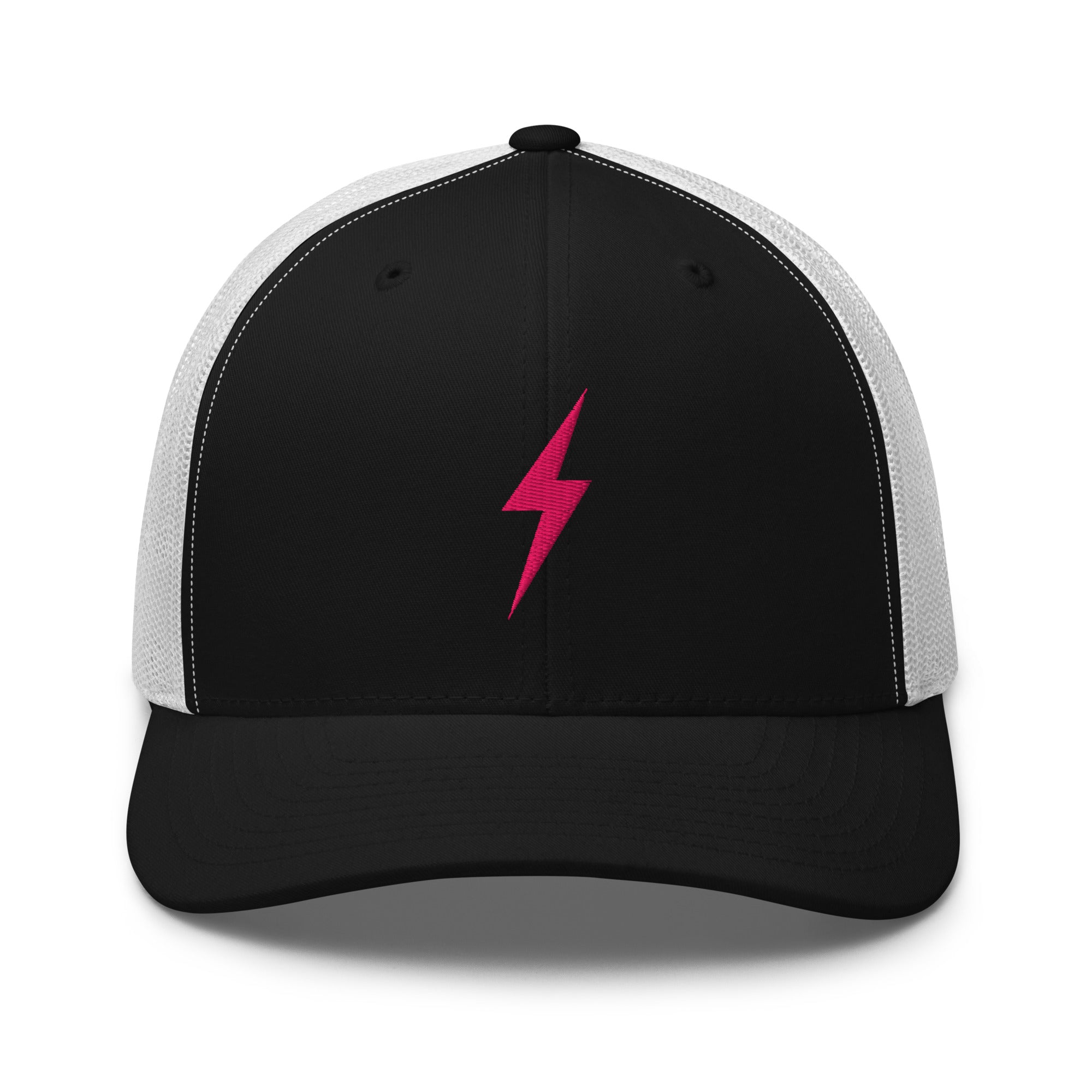 White and black trucker hat with pink lightning bolt design on front panel